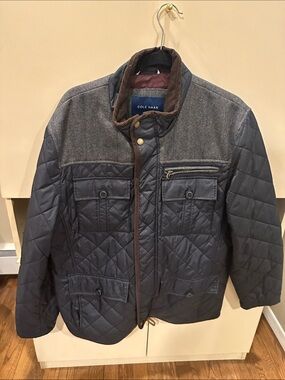 Cole Haan Quilted Navy Puffer Jacket with Charcoal Yoke